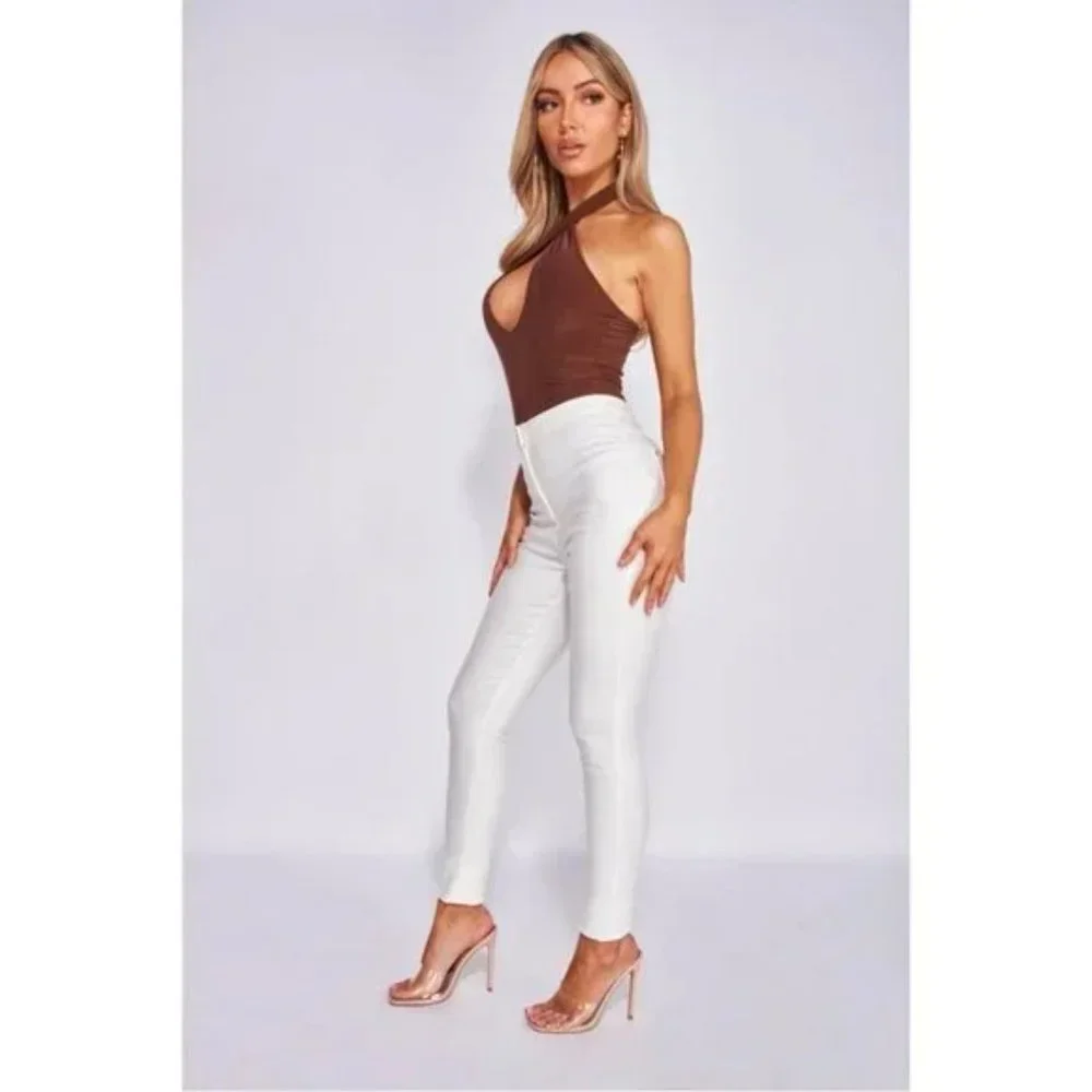 Brown Sleeveless Halter Neck Open Back Backless Bodycon Bodysuit Leotard Top - Picture 5 of 16